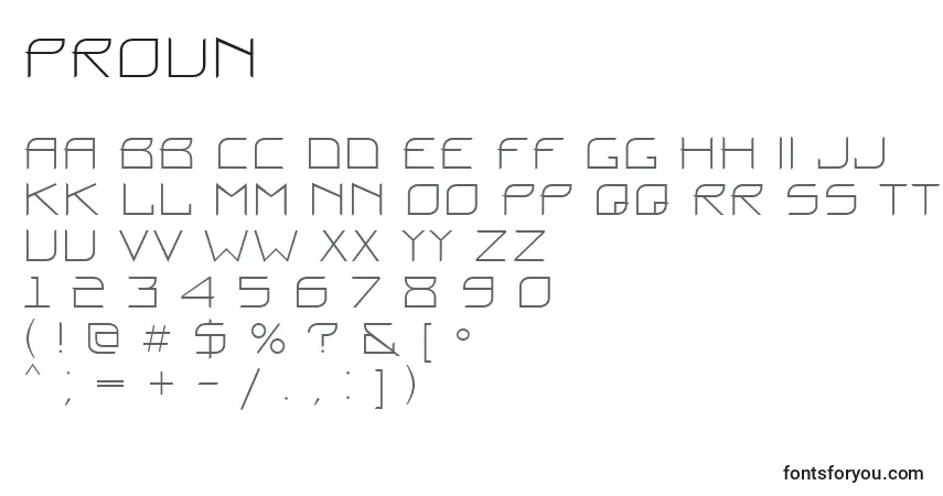 A fonte Proun – alfabeto, números, caracteres especiais