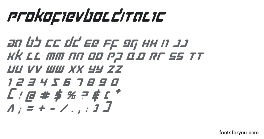 A fonte ProkofievBoldItalic – alfabeto, números, caracteres especiais