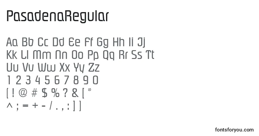 Schriftart PasadenaRegular – Alphabet, Zahlen, spezielle Symbole