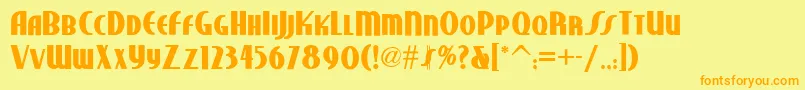 フォントStudebakernf ffy – オレンジの文字が黄色の背景にあります。