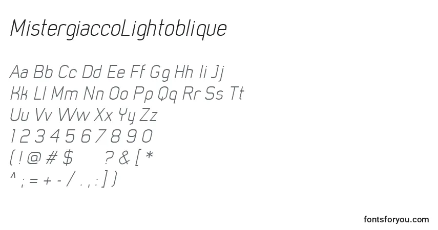 A fonte MistergiaccoLightoblique – alfabeto, números, caracteres especiais