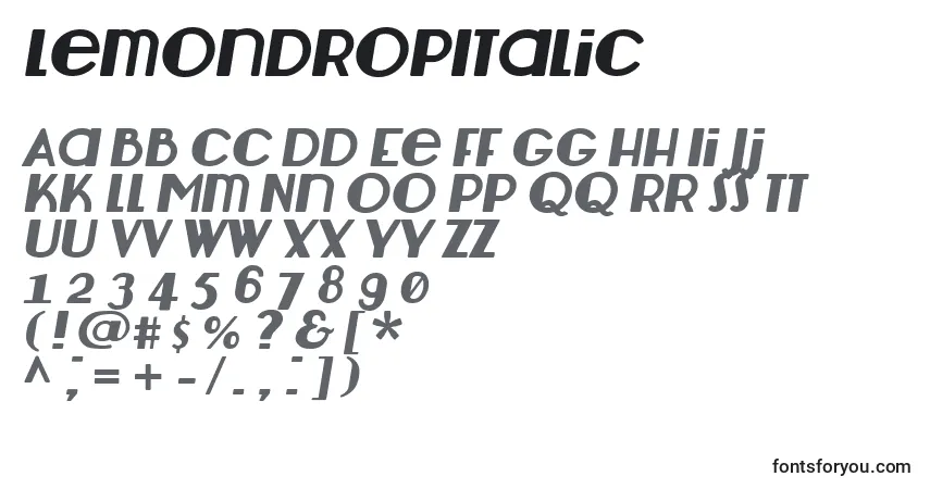 Шрифт LemondropItalic – алфавит, цифры, специальные символы