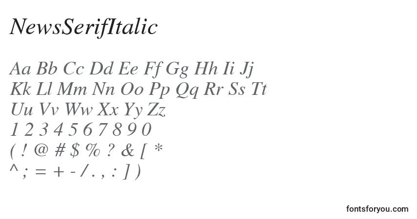Czcionka NewsSerifItalic – alfabet, cyfry, specjalne znaki