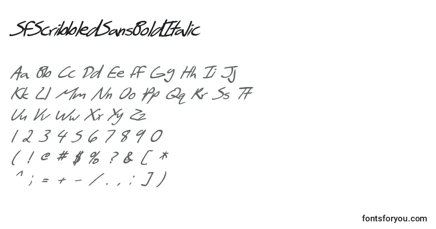 A fonte SfScribbledSansBoldItalic – alfabeto, números, caracteres especiais