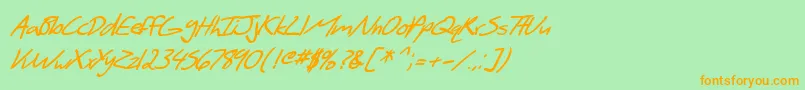 フォントSfScribbledSansBoldItalic – オレンジの文字が緑の背景にあります。