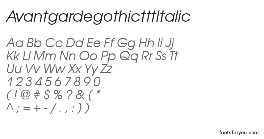 Czcionka AvantgardegothictttItalic – alfabet, cyfry, specjalne znaki