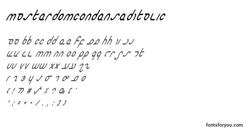 A fonte MasterdomCondensedItalic – alfabeto, números, caracteres especiais