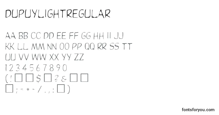 Czcionka Dupuylightregular – alfabet, cyfry, specjalne znaki