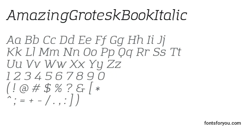 Шрифт AmazingGroteskBookItalic – алфавит, цифры, специальные символы