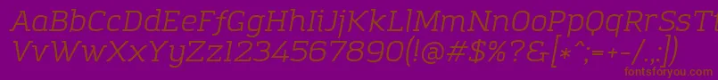 Fonte AmazingGroteskBookItalic – fontes marrons em um fundo roxo