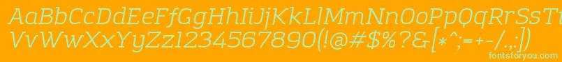 AmazingGroteskBookItalic-Schriftart – Grüne Schriften auf orangefarbenem Hintergrund