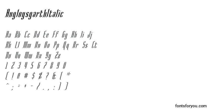 A fonte AngloysgarthItalic – alfabeto, números, caracteres especiais