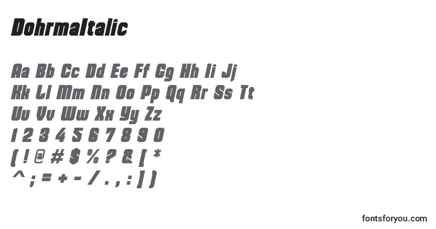 Czcionka DohrmaItalic – alfabet, cyfry, specjalne znaki