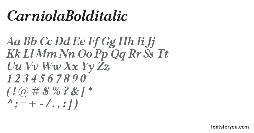 Schriftart CarniolaBolditalic – Alphabet, Zahlen, spezielle Symbole
