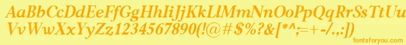 フォントCarniolaBolditalic – オレンジの文字が黄色の背景にあります。