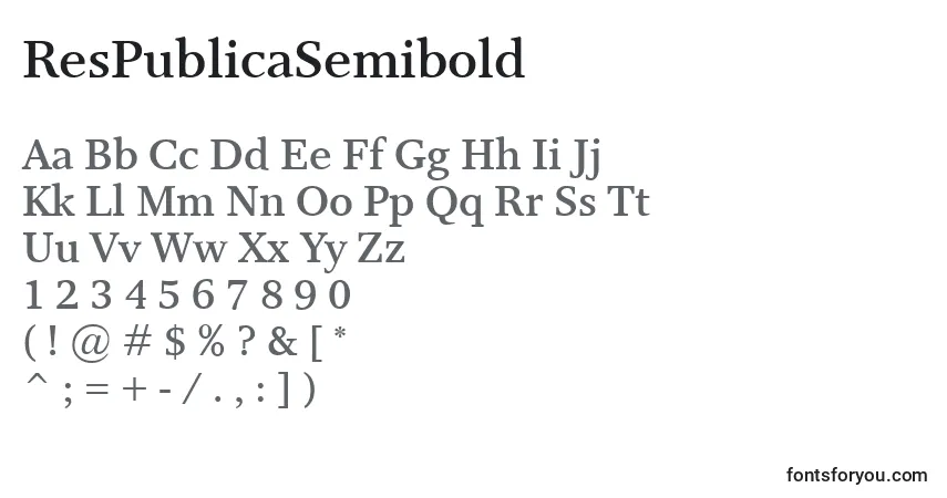 Czcionka ResPublicaSemibold – alfabet, cyfry, specjalne znaki