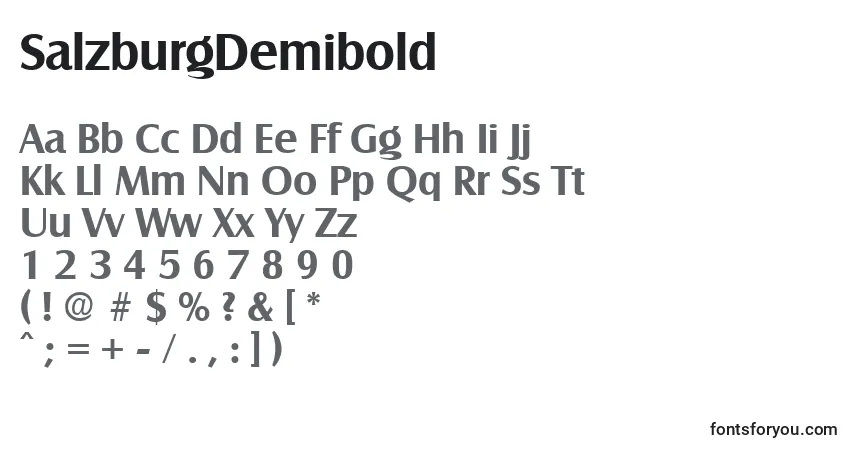 A fonte SalzburgDemibold – alfabeto, números, caracteres especiais