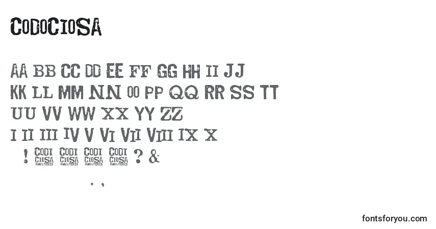 Czcionka Codociosa – alfabet, cyfry, specjalne znaki