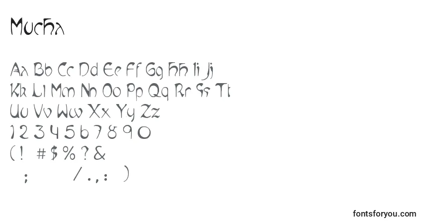 Schriftart Mucha – Alphabet, Zahlen, spezielle Symbole