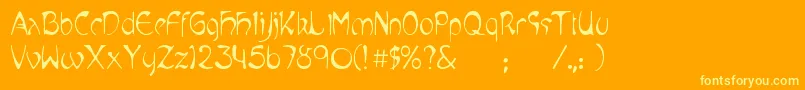 Mucha-Schriftart – Gelbe Schriften auf orangefarbenem Hintergrund
