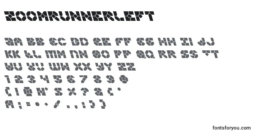 Schriftart Zoomrunnerleft – Alphabet, Zahlen, spezielle Symbole