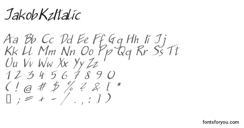 Schriftart Jakob.KzItalic – Alphabet, Zahlen, spezielle Symbole