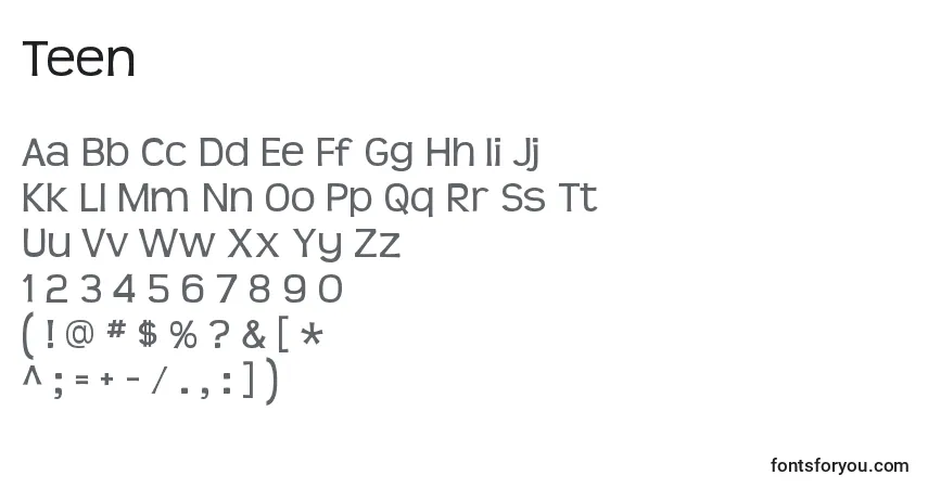 Schriftart Teen (50979) – Alphabet, Zahlen, spezielle Symbole