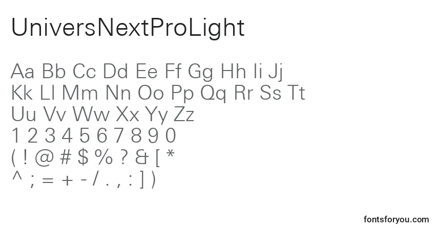characters of universnextprolight font, letter of universnextprolight font, alphabet of  universnextprolight font