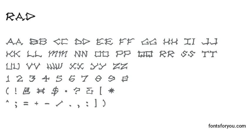characters of rad font, letter of rad font, alphabet of  rad font
