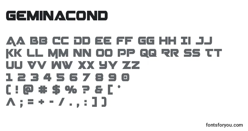 characters of geminacond font, letter of geminacond font, alphabet of  geminacond font