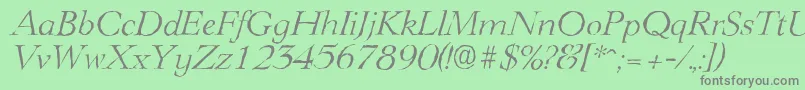 Fonte LingwoodantiqueLightItalic – fontes cinzas em um fundo verde