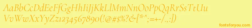 CormorantLightitalicフォントについての詳細 フォントCormorantLightitalic – オレンジの文字が黄色の背景にあります。