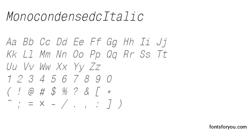 A fonte MonocondensedcItalic – alfabeto, números, caracteres especiais