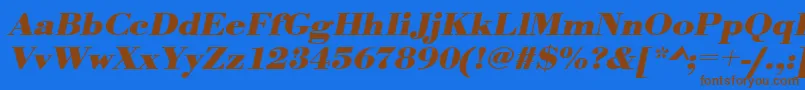 フォントUrwbodonitextwidBoldOblique – 茶色の文字が青い背景にあります。