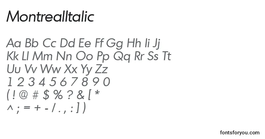 Шрифт MontrealItalic – алфавит, цифры, специальные символы