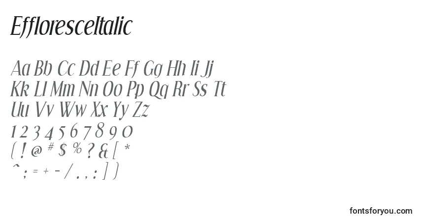 Schriftart EffloresceItalic – Alphabet, Zahlen, spezielle Symbole