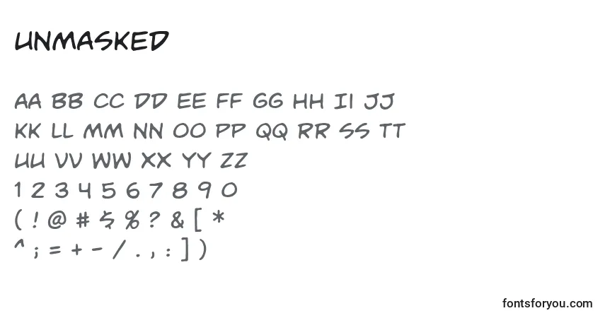 A fonte Unmasked – alfabeto, números, caracteres especiais