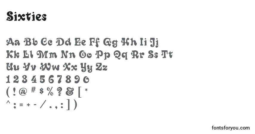 A fonte Sixties – alfabeto, números, caracteres especiais