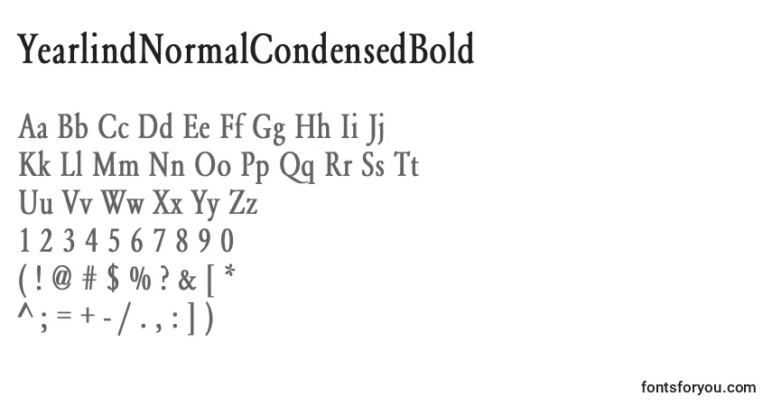 A fonte YearlindNormalCondensedBold – alfabeto, números, caracteres especiais