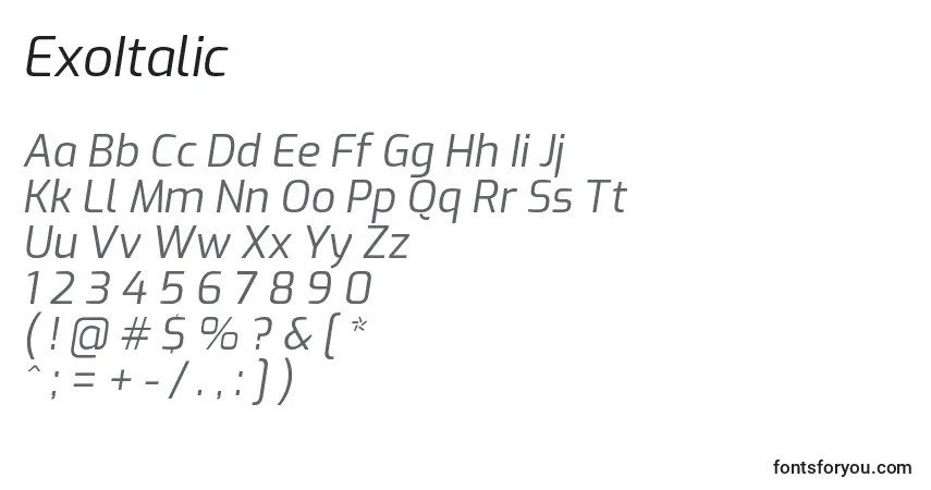 ExoItalic-fontti – aakkoset, numerot, erikoismerkit
