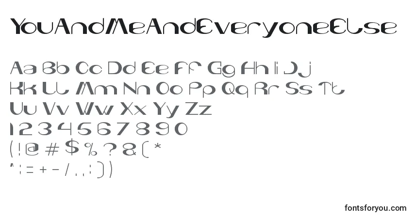 Schriftart YouAndMeAndEveryoneElse – Alphabet, Zahlen, spezielle Symbole