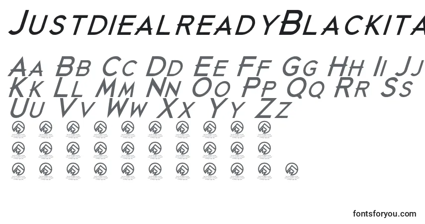 Шрифт JustdiealreadyBlackitalic – алфавит, цифры, специальные символы