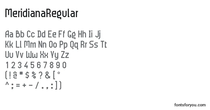 A fonte MeridianaRegular – alfabeto, números, caracteres especiais