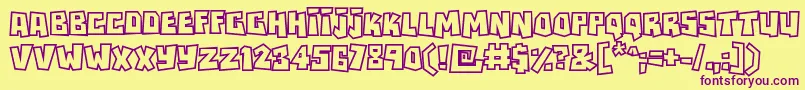 Rockbiteroutlines-Schriftart – Violette Schriften auf gelbem Hintergrund