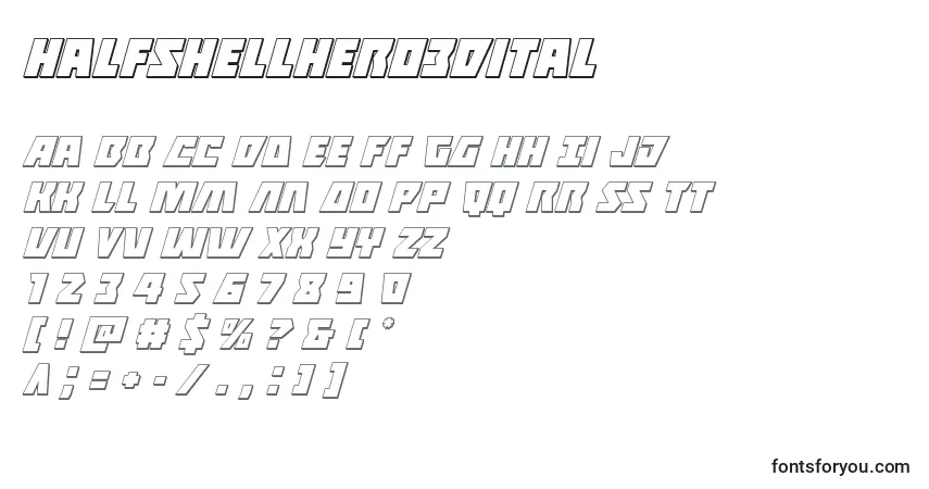 Halfshellhero3Dital-fontti – aakkoset, numerot, erikoismerkit
