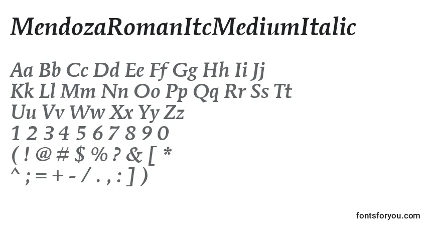 Шрифт MendozaRomanItcMediumItalic – алфавит, цифры, специальные символы