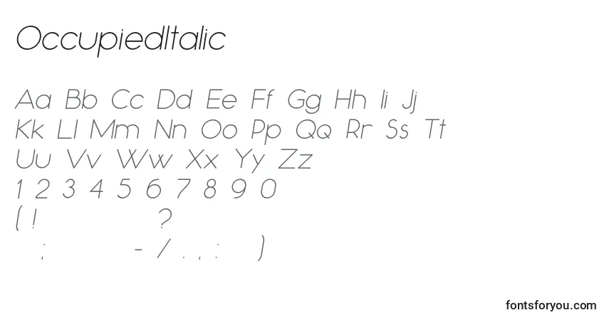 Шрифт OccupiedItalic – алфавит, цифры, специальные символы