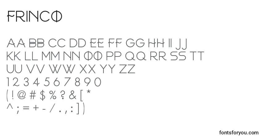 Czcionka Frinco – alfabet, cyfry, specjalne znaki