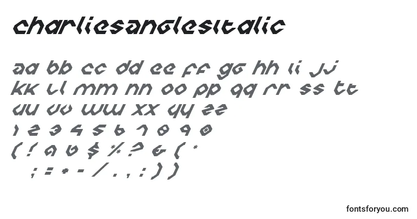 A fonte CharliesAnglesItalic – alfabeto, números, caracteres especiais
