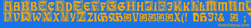 フォントRudelsbergInitialen – オレンジ色の文字が青い背景にあります。